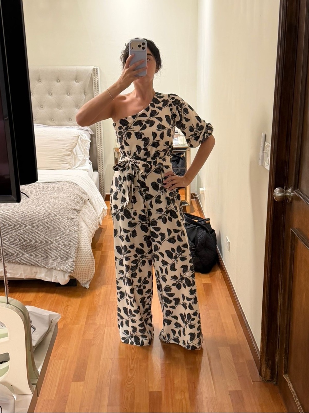 One-Shoulder Cream Jumpsuit with Black Leaf Print and Waist Tie